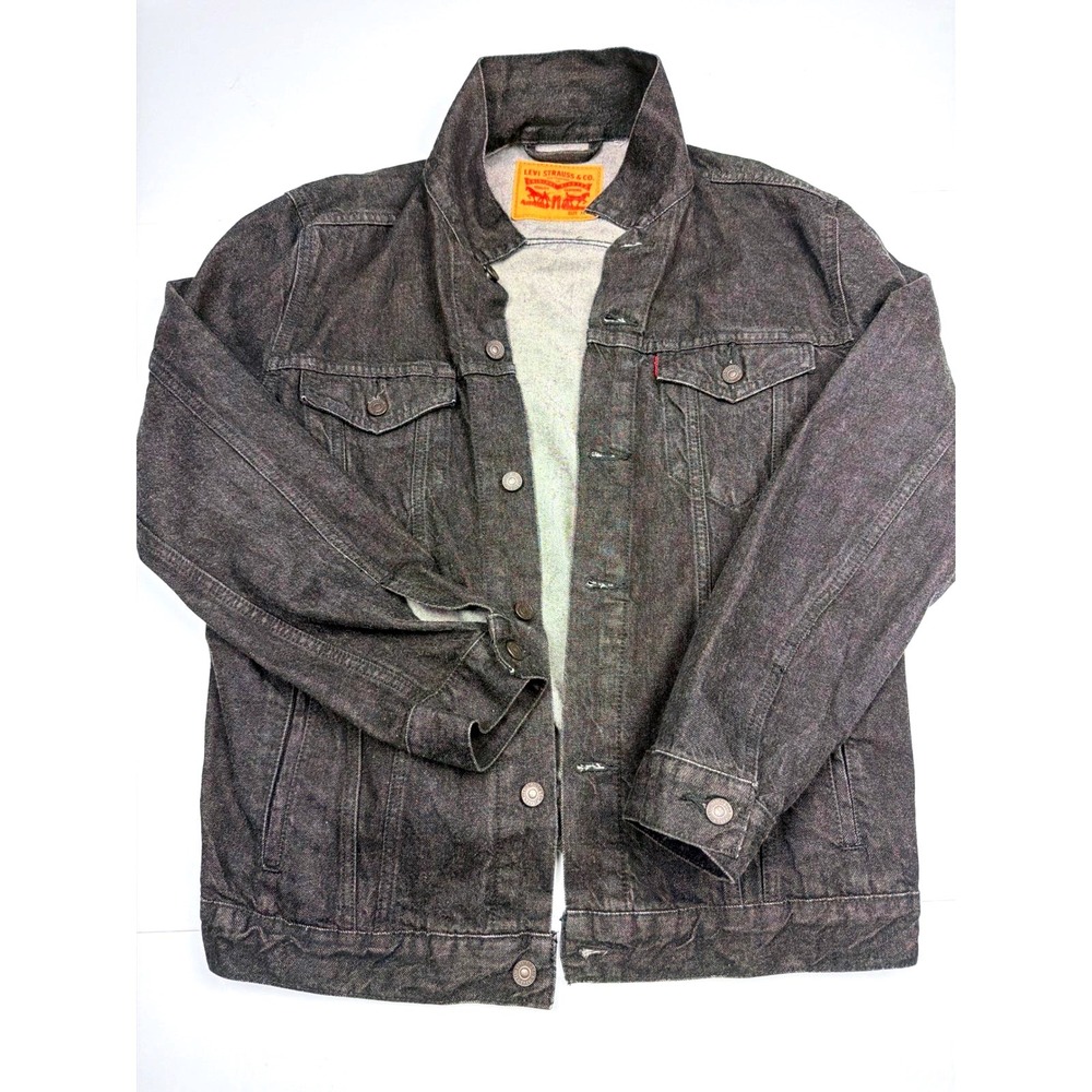 Vintage Levis Denim Trucker Jacket Mens XL Black Charcoal Red Tab Jean Coat